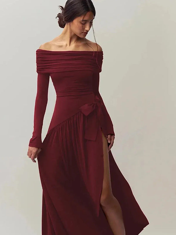 Off Shoulder Bow Applique Slit Dress