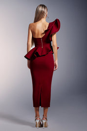 Luysa One Shoulder Asymmetry Red Midi Set