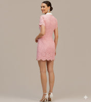 Pink Floral Lace Mini Shirt Dress