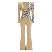 Deep V Shaped Sequined Long Sleeved Jumpsuit - thelatestlabels