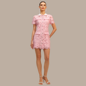 Pink Floral Lace Mini Shirt Dress