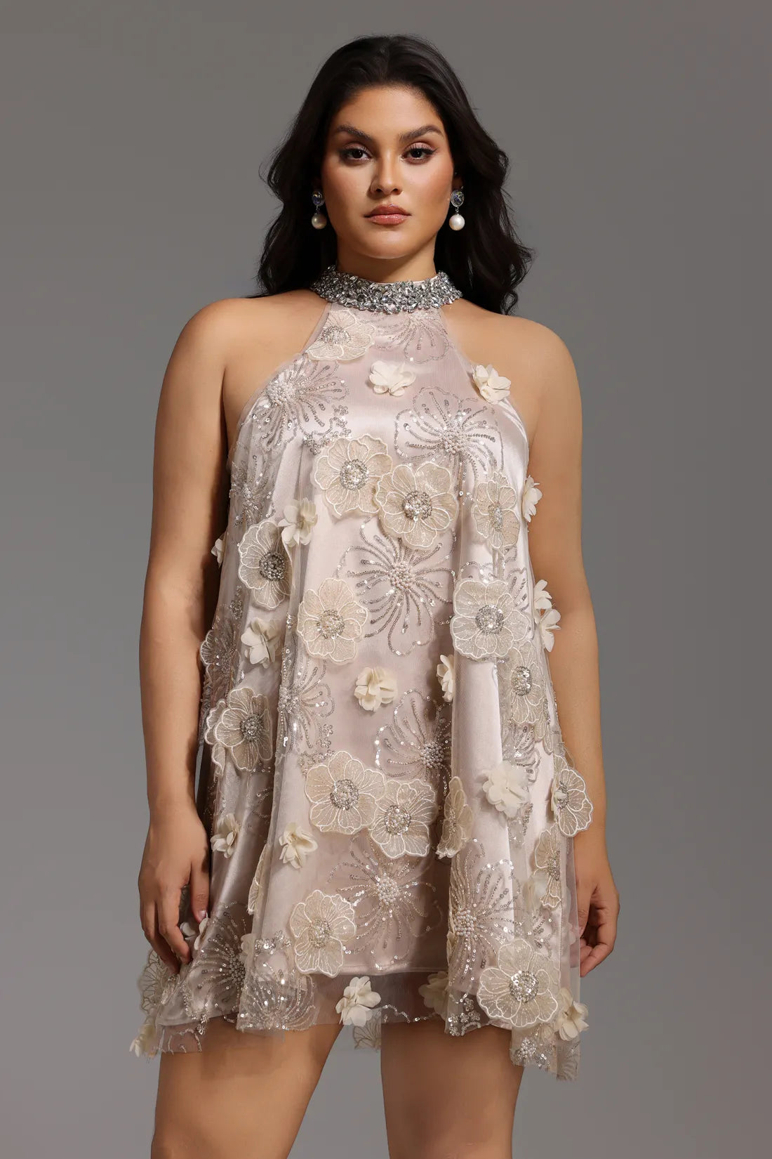 Blossom Luxe Embellished Halter Mini Dress