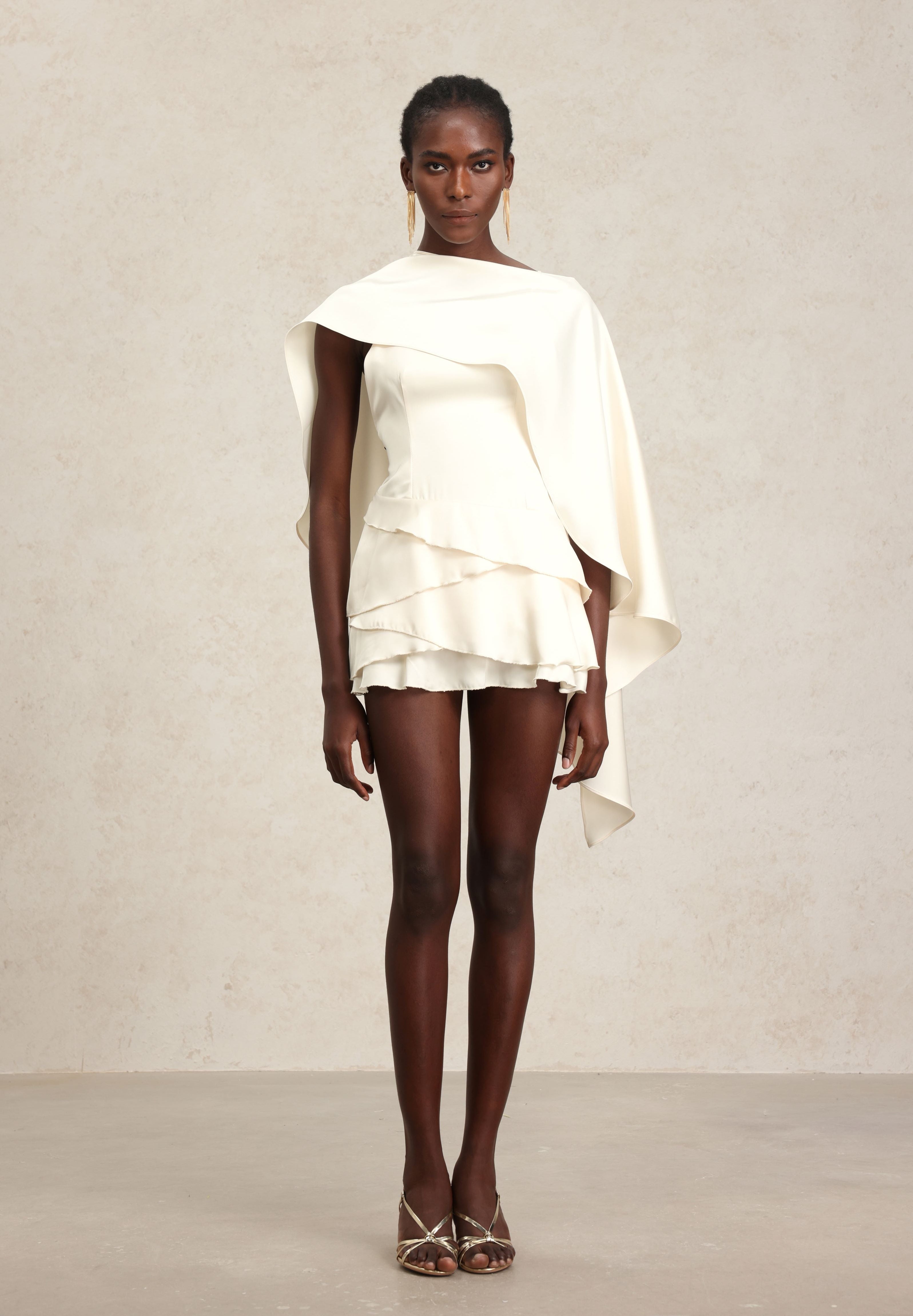 White Ruffle Cape Dress