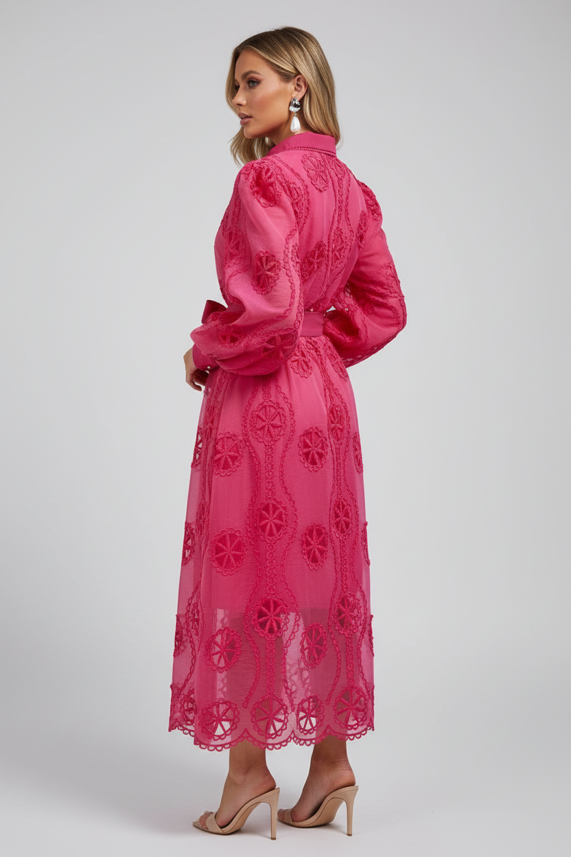 Magenta Pearl Lace Shirt Dress