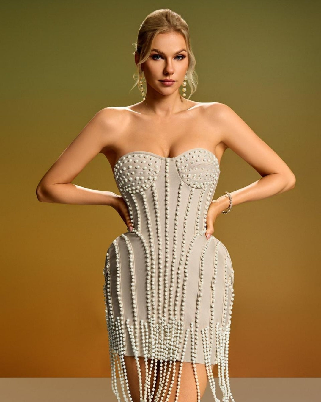 Pearl-Embellished Sculpted Mini Dress