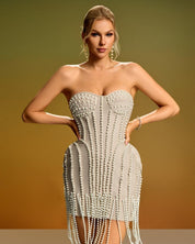 Pearl-Embellished Sculpted Mini Dress