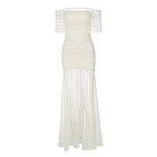 Champagne Ruched Off-Shoulder Maxi Dress