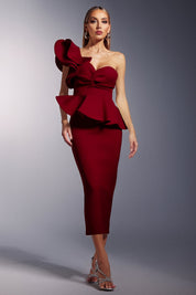 Luysa One Shoulder Asymmetry Red Midi Set