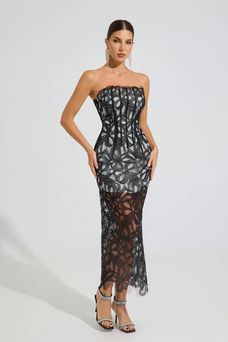 Lace Embroidered Strapless Long Dress