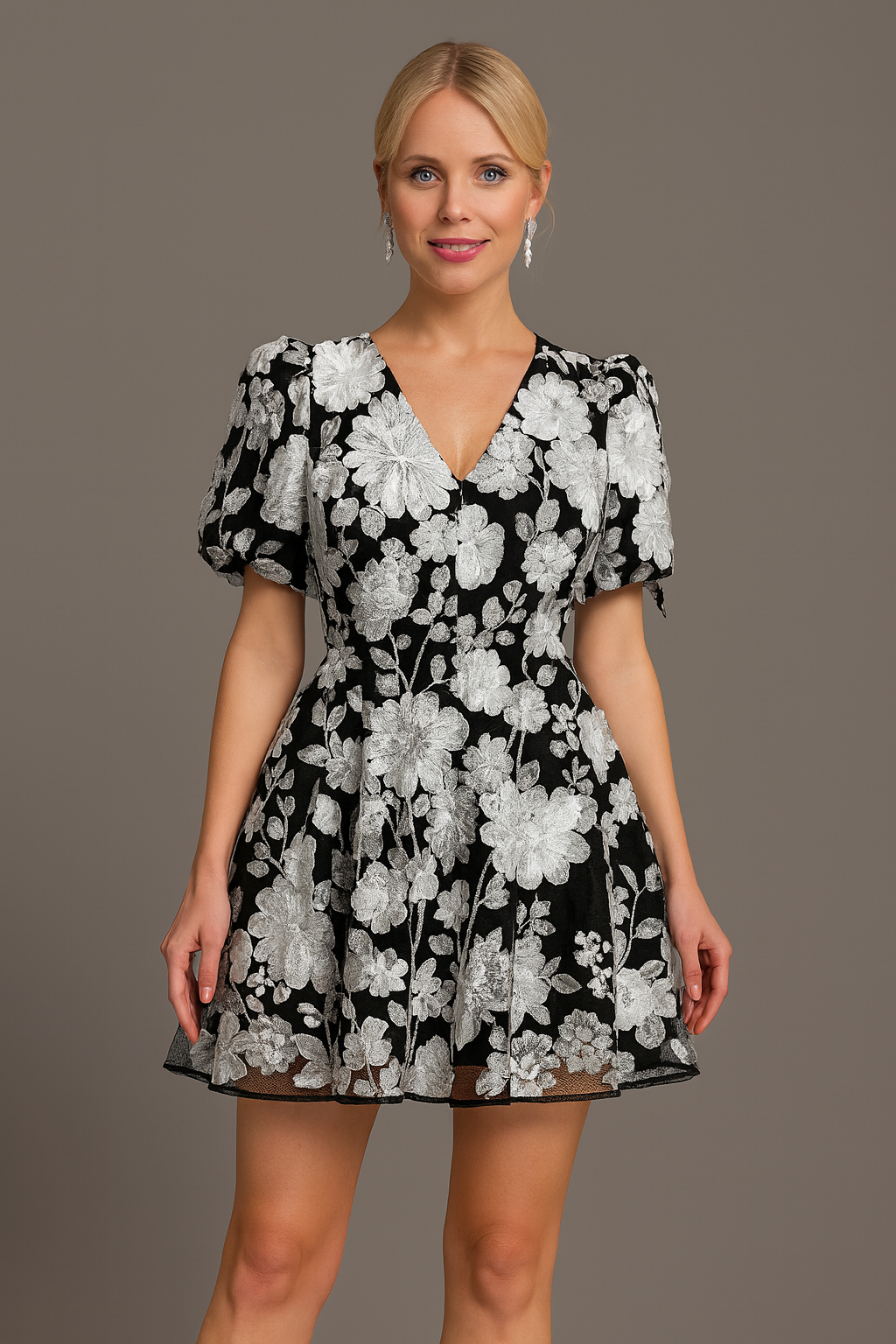 Monochrome Elegance Puff Sleeve Dress