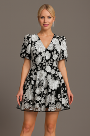Monochrome Elegance Puff Sleeve Dress