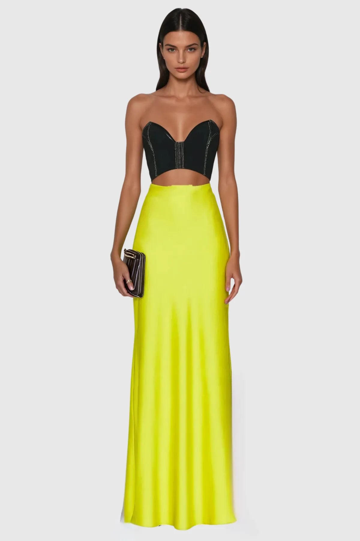 Black Bustier Cut-Out Neon Yellow Maxi Dress