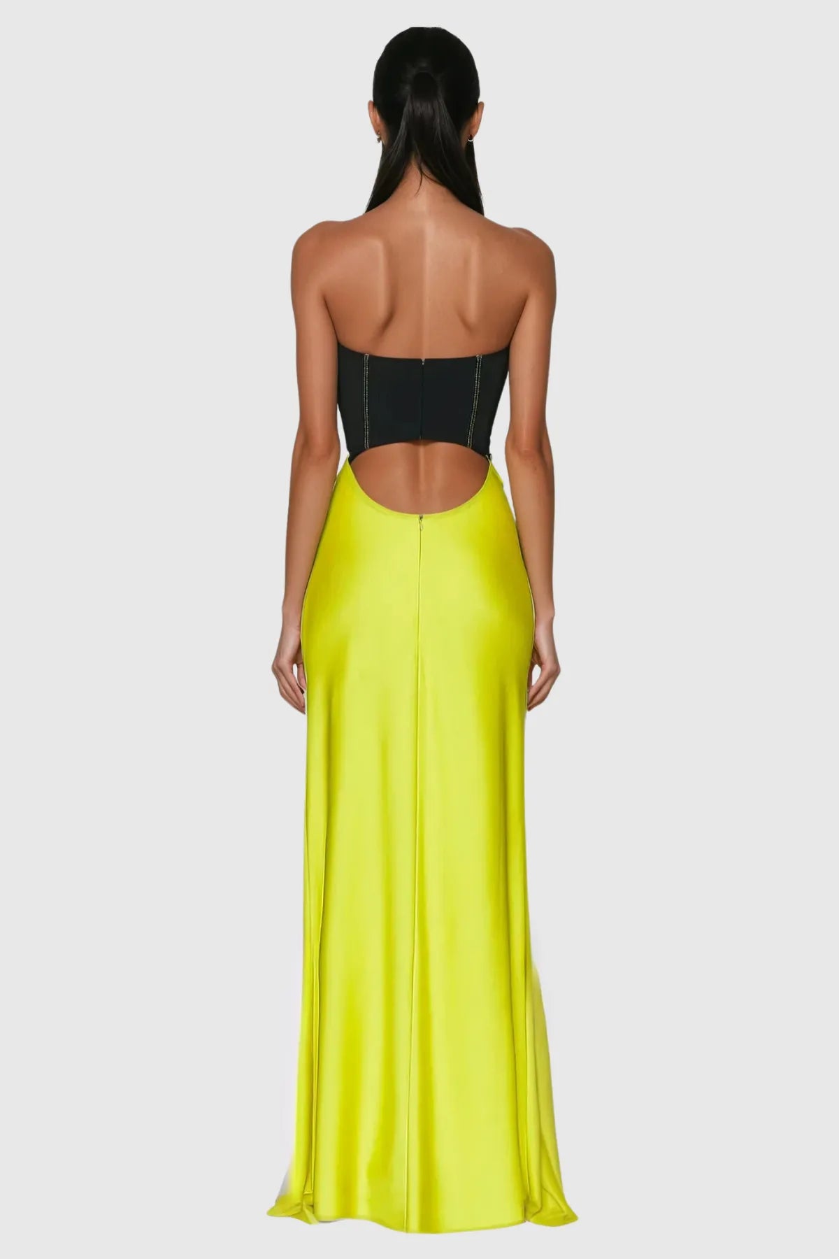 Black Bustier Cut-Out Neon Yellow Maxi Dress