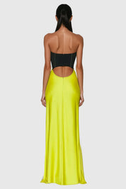Black Bustier Cut-Out Neon Yellow Maxi Dress