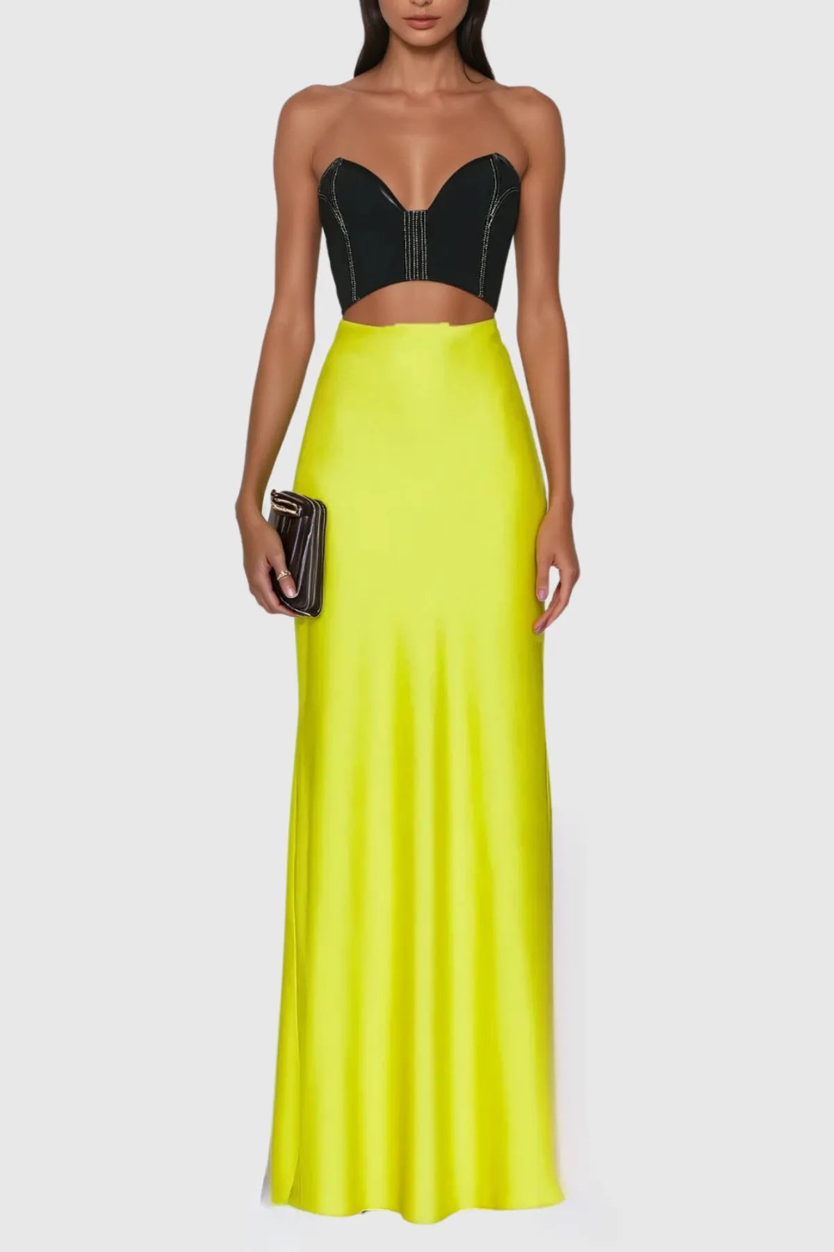 Black Bustier Cut-Out Neon Yellow Maxi Dress