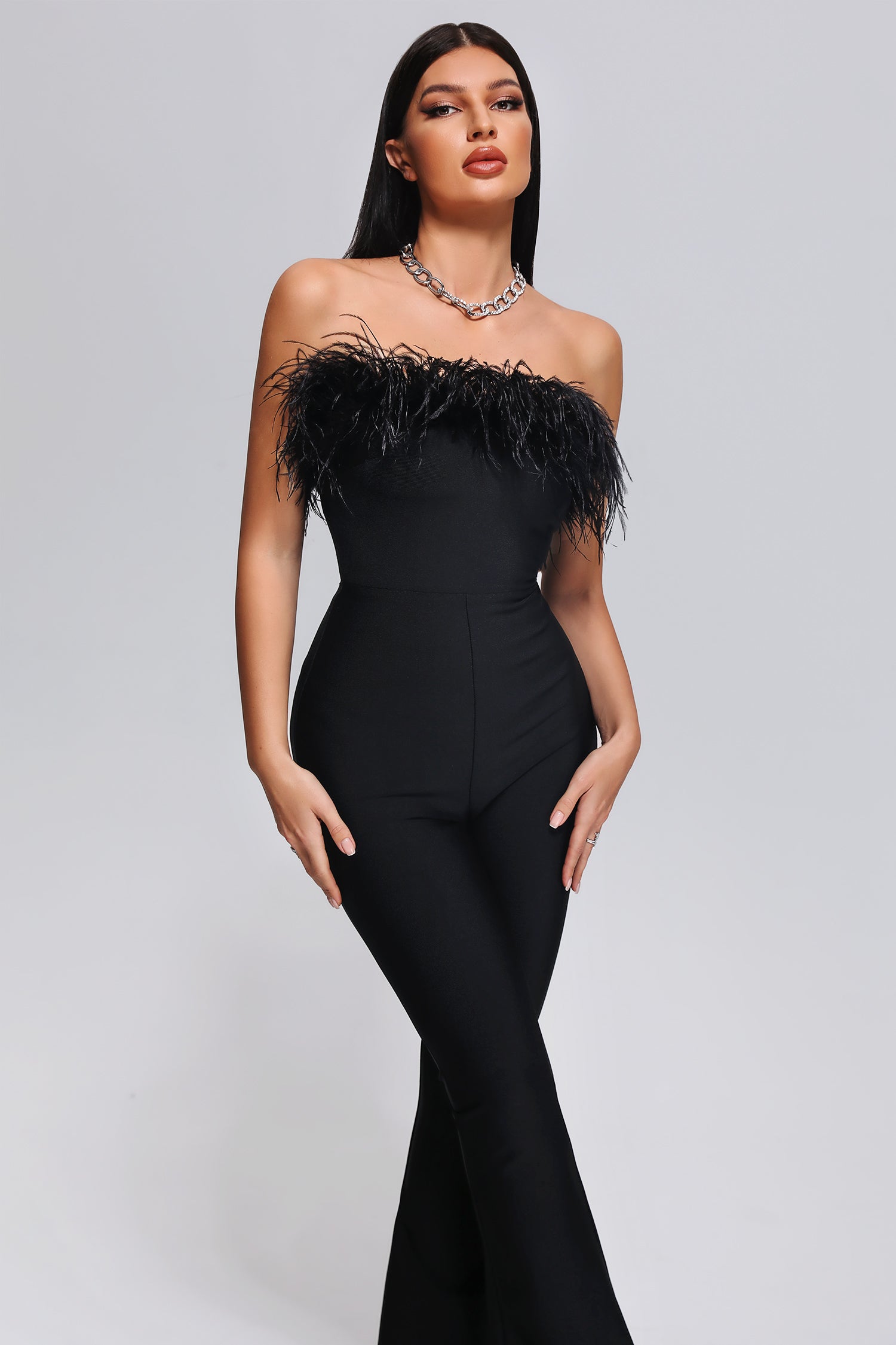Livia Feather Off Shoulder Label Jumpsuit