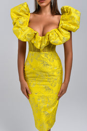 Vespera Jacquard Yellow Midi Label Dress