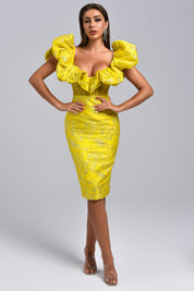 Vespera Jacquard Yellow Midi Label Dress