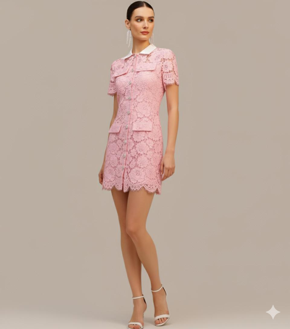 Pink Floral Lace Mini Shirt Dress