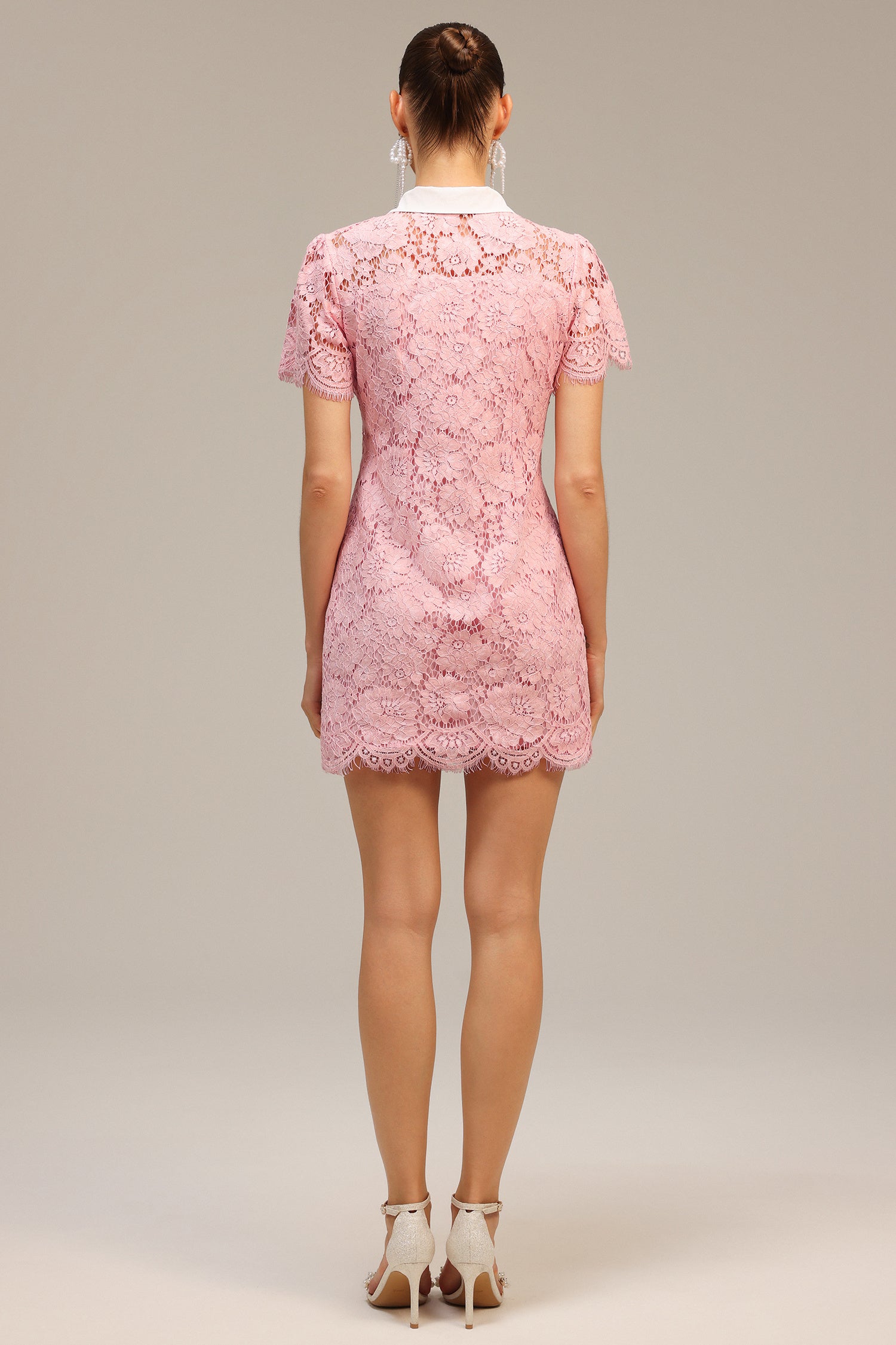 Pink Floral Lace Mini Shirt Dress