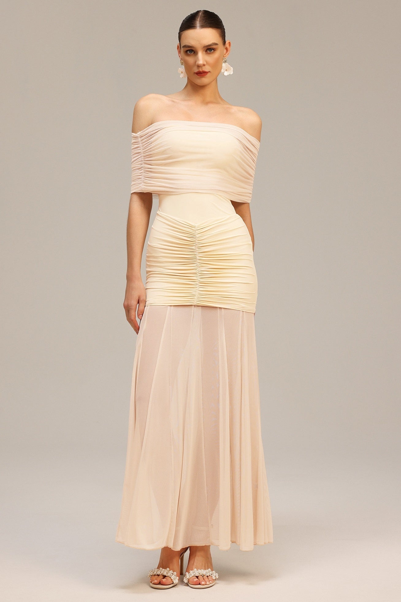 Champagne Ruched Off-Shoulder Maxi Dress