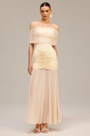 Champagne Ruched Off-Shoulder Maxi Dress
