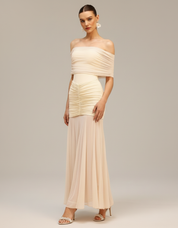 Champagne Ruched Off-Shoulder Maxi Dress
