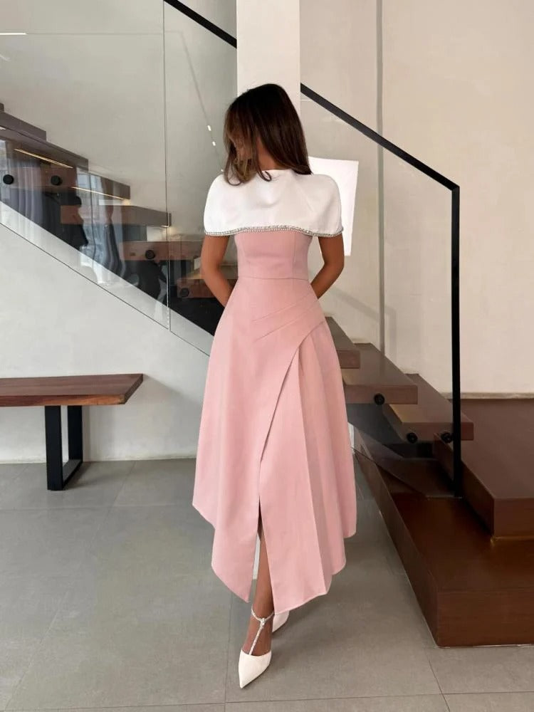 Two-Tone Embellished Capelet Midi Dress
