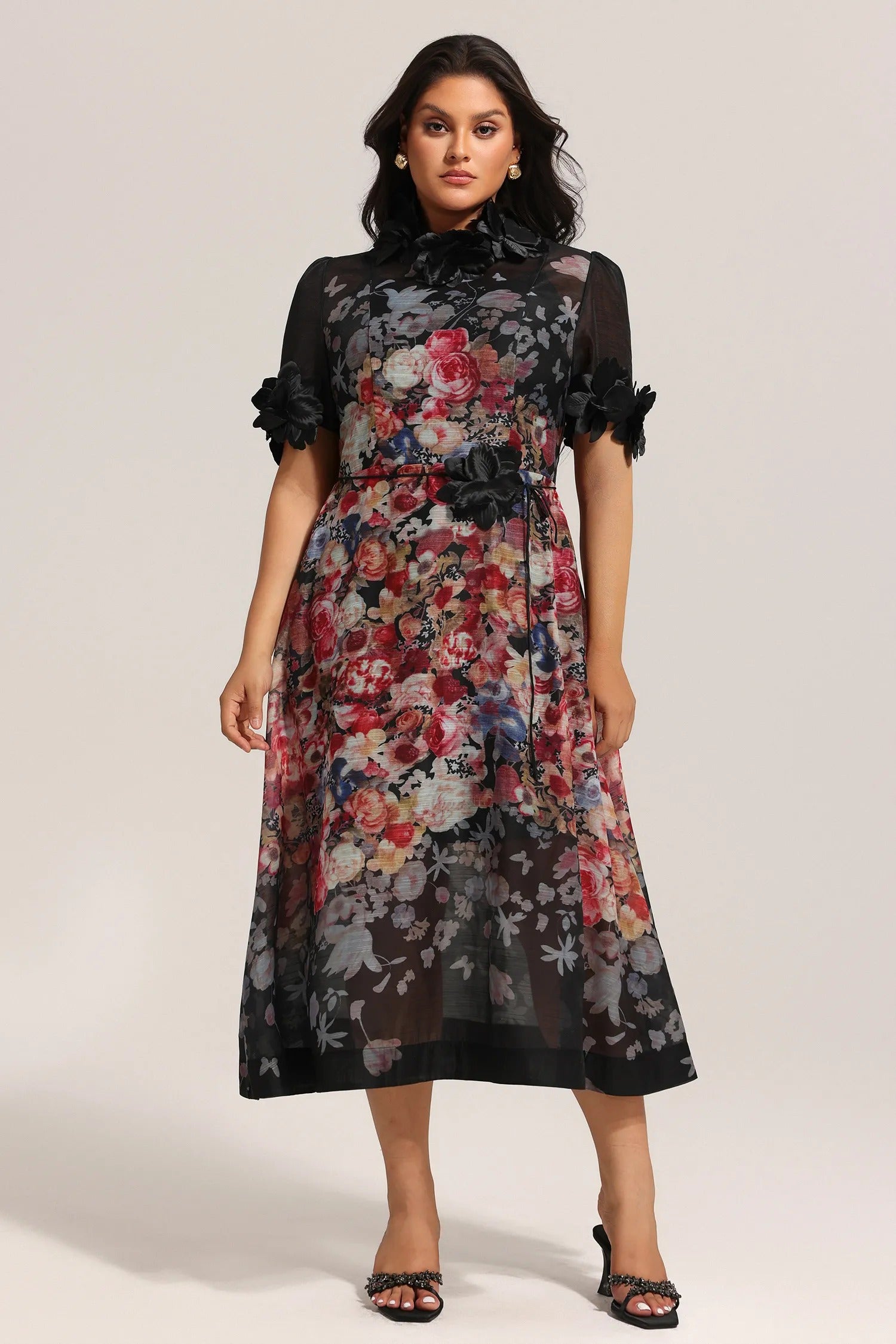 Black Floral Mesh Midi Dress