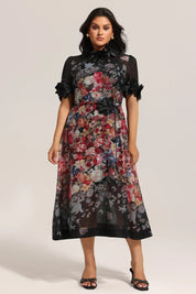 Black Floral Mesh Midi Dress