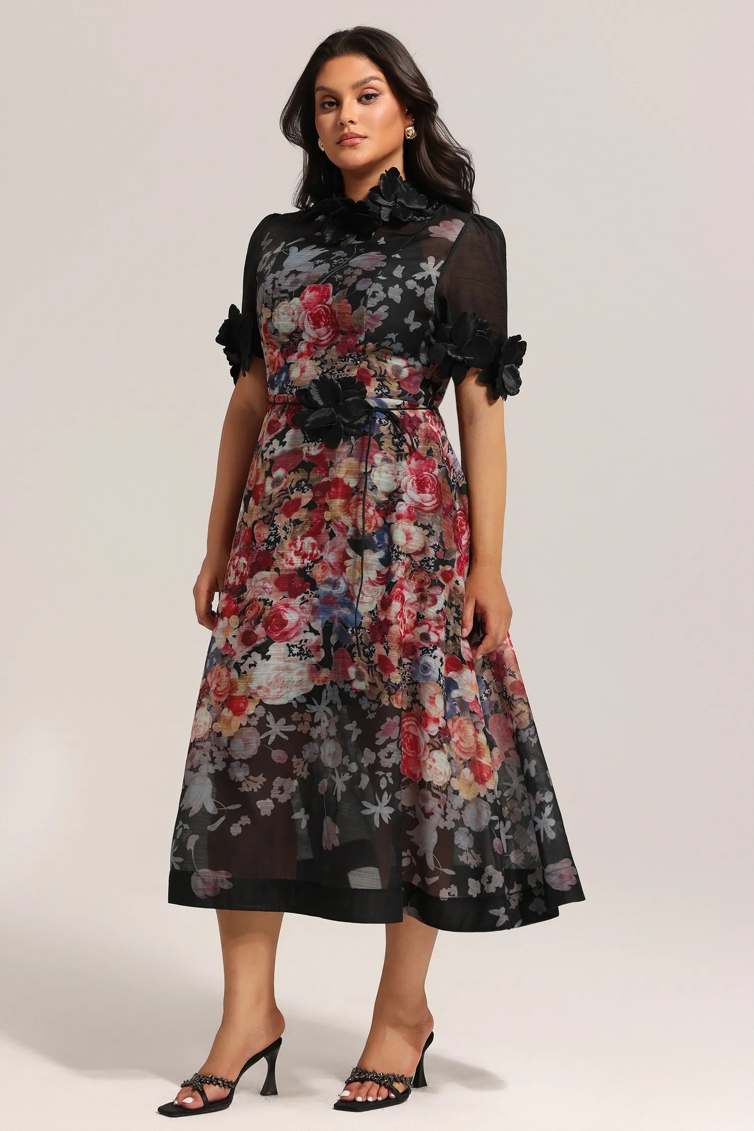 Black Floral Mesh Midi Dress