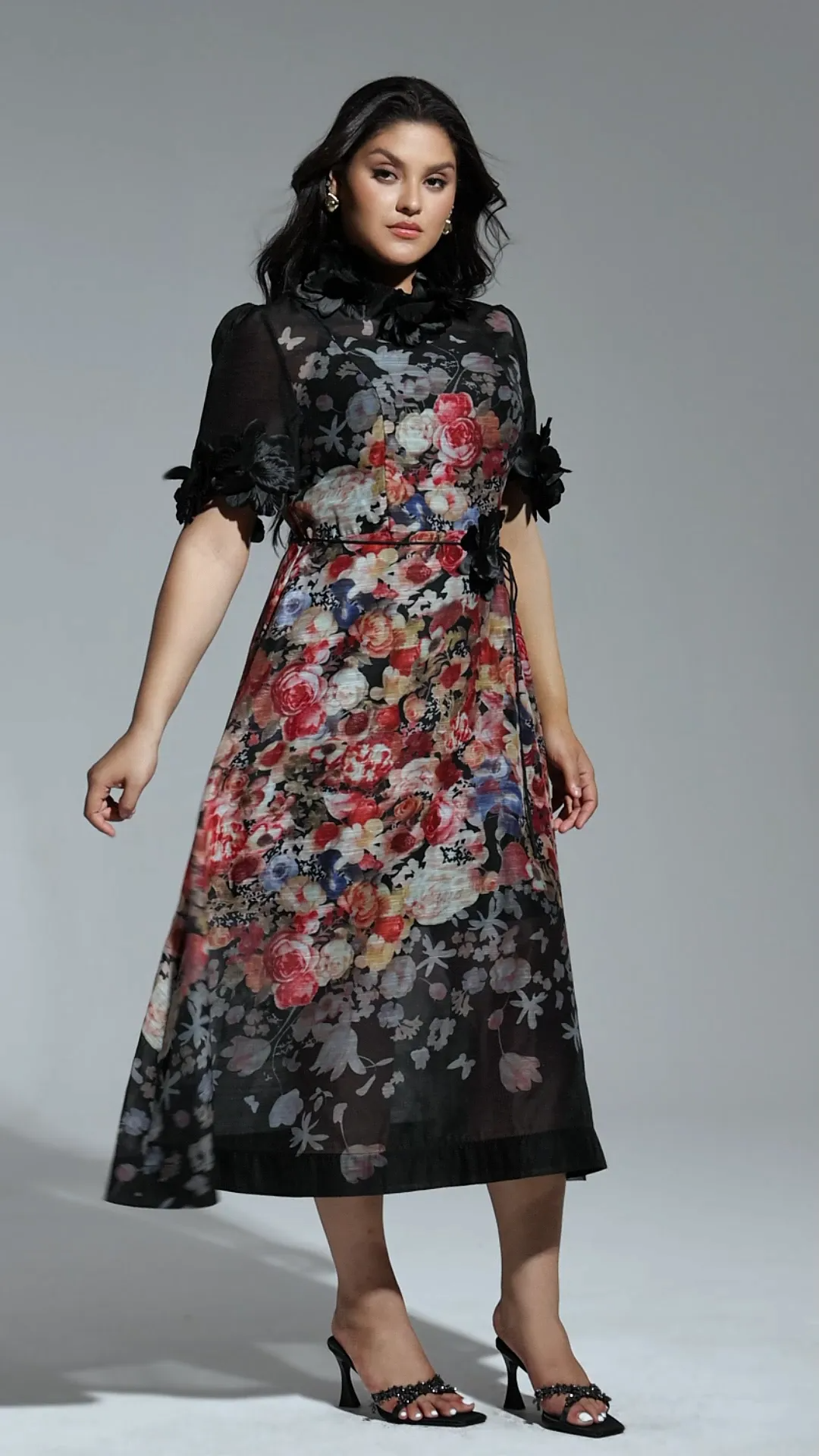 Black Floral Mesh Midi Dress