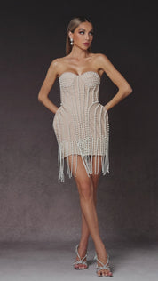 Pearl-Embellished Sculpted Mini Dress