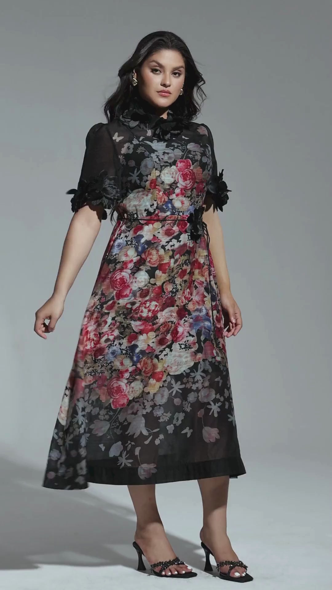 Black Floral Mesh Midi Dress
